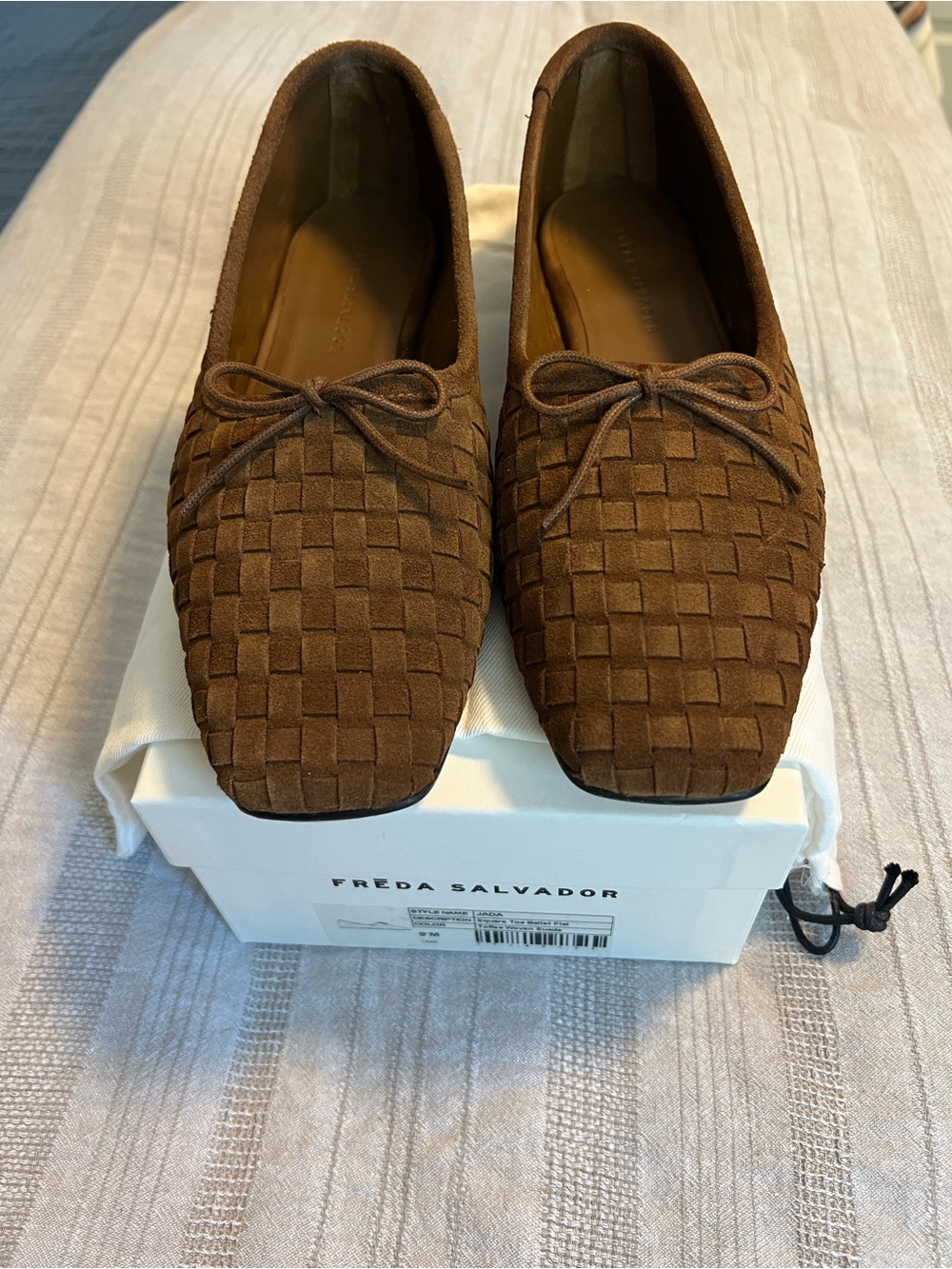 Freda Salvador: Jada Square Toe Ballet Flat - Toffee Woven Suede, size 9